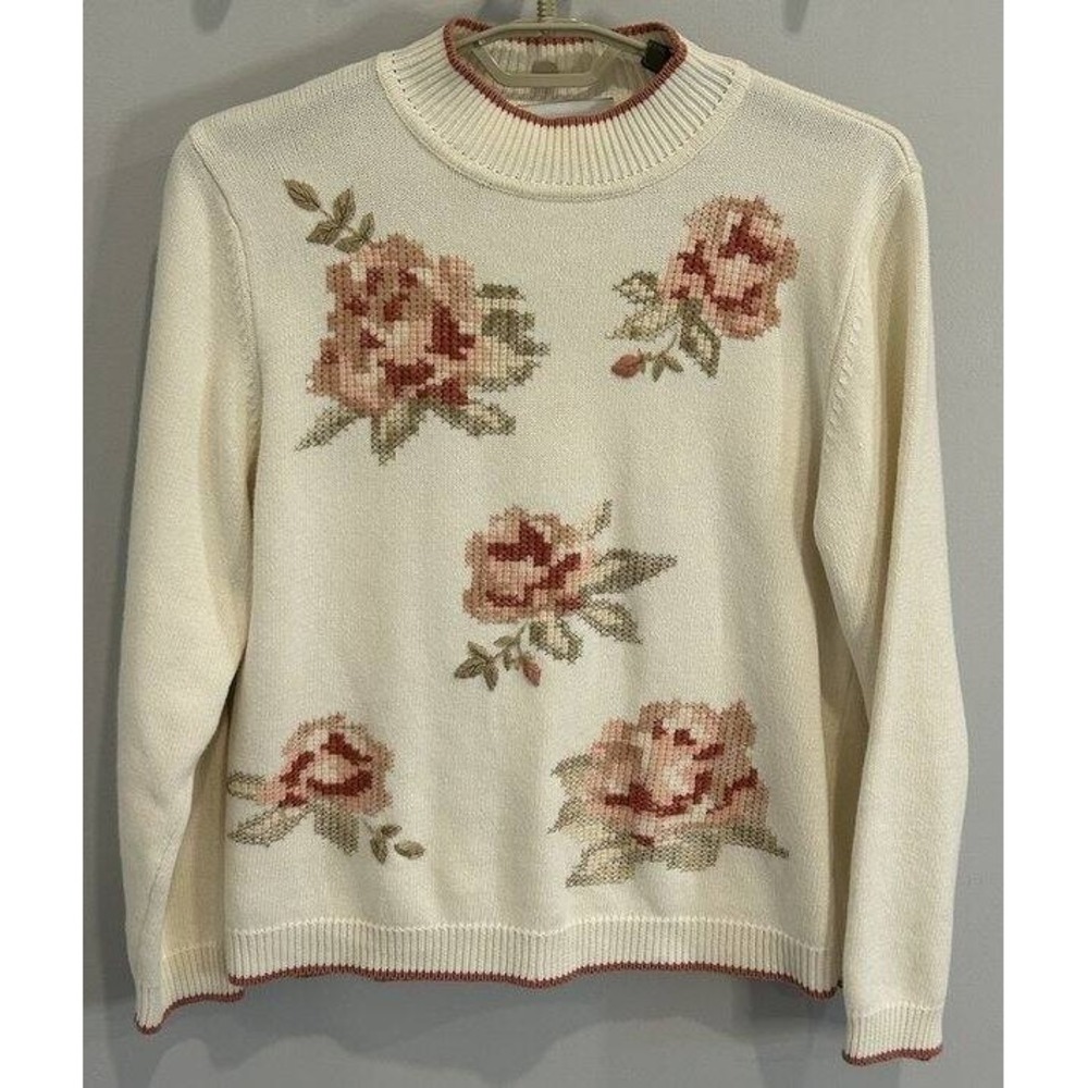 Alfred Dunner Mock Neck Floral Cross Stitch Grannycore Sweater Cream Pink Size S